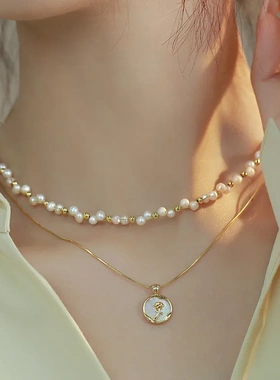 双层叠戴珍珠项链不掉色女秋冬百搭高级感小众轻奢毛衣锁骨链饰品