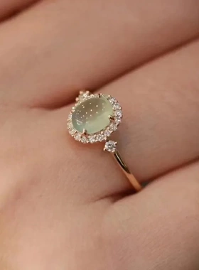 新款玉髓戒指女镀925银镶嵌高冰大蛋面玉髓时尚精工开口戒指