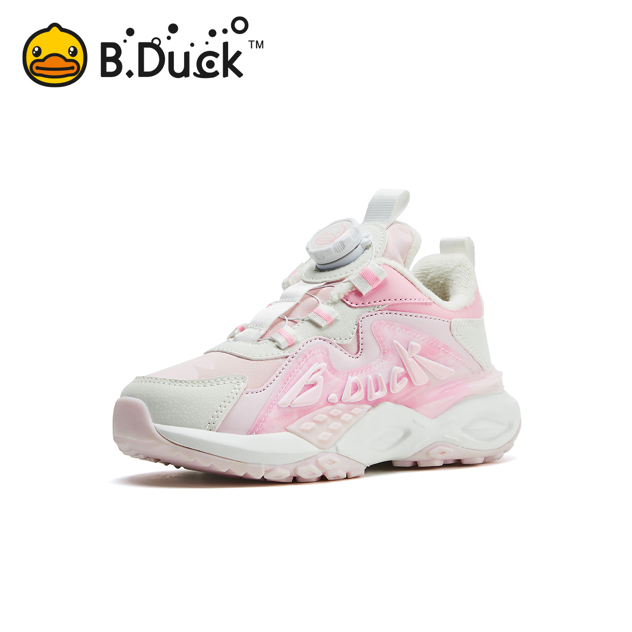 B.Duck小黄鸭童鞋男童冬季运动鞋加绒女童棉鞋软底2024新款旋转扣