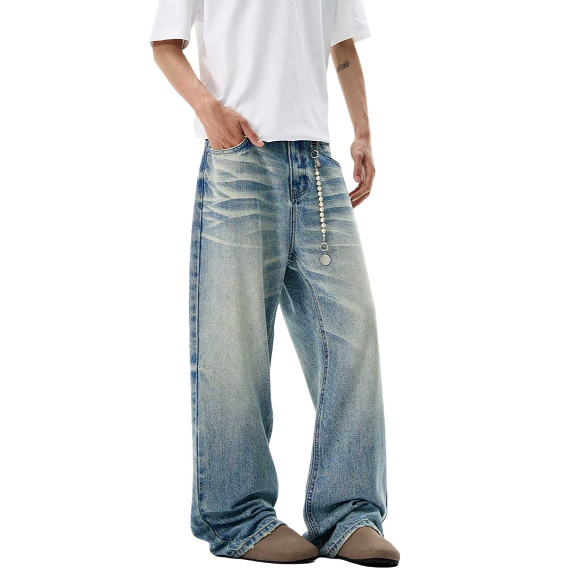 RASP水洗3D猫须做旧牛仔裤复古美式街头风春秋直筒阔腿休闲长裤子