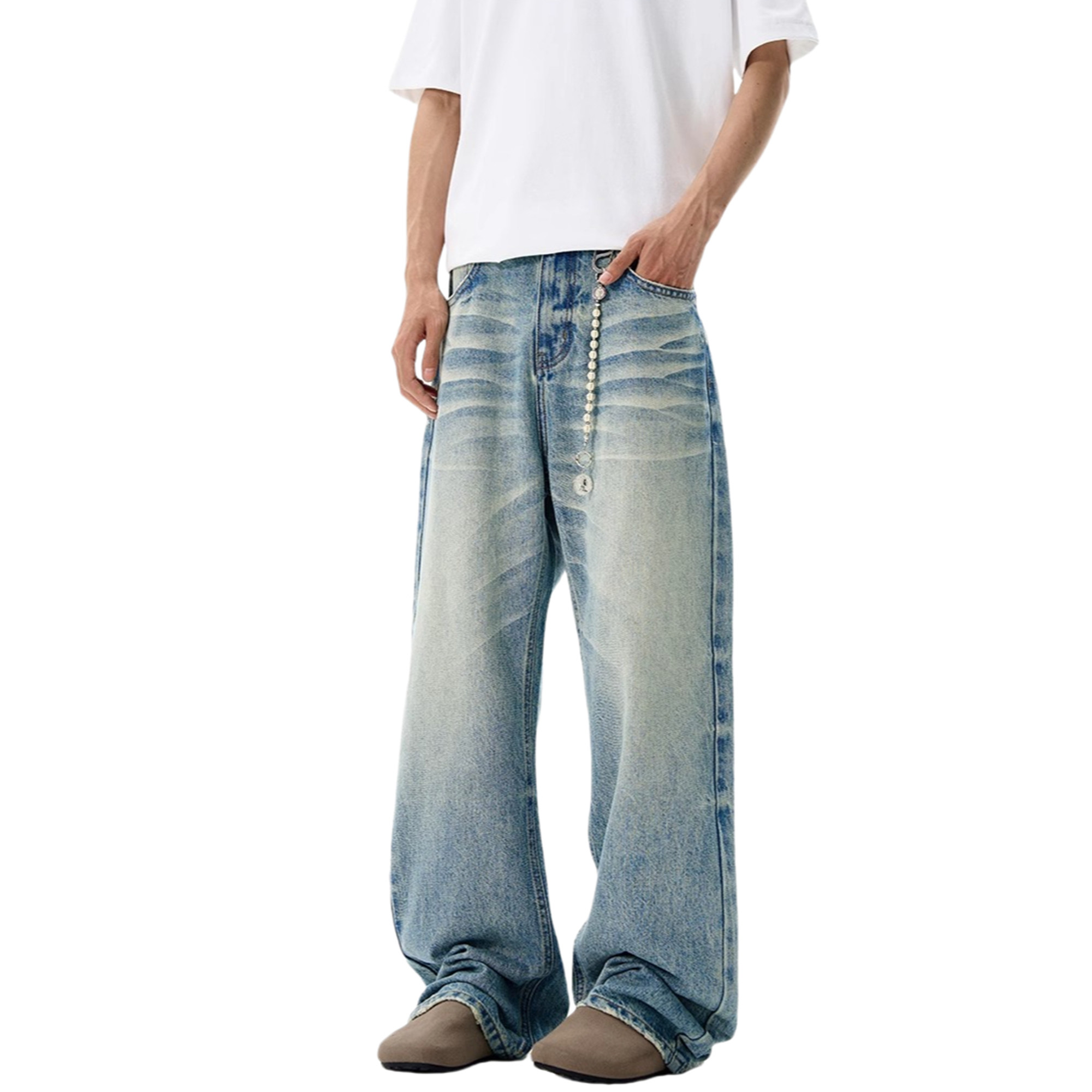 RASP水洗3D猫须做旧牛仔裤复古美式街头风春秋直筒阔腿休闲长裤子