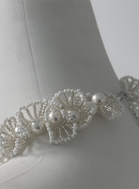 法式复古白色珍珠小米珠编织波浪项链极简轻奢风项锁骨链chocker