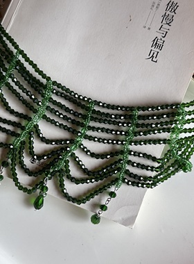 文艺复古风 墨绿色水晶多层手工串珠项链颈饰