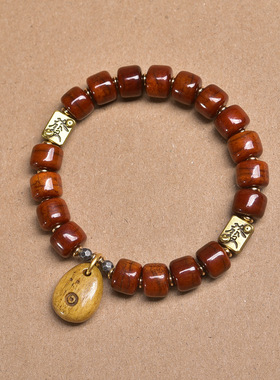 藏传回流牦牛骨桶珠文玩手串单圈玛瑙天珠藏银流苏料器配饰手链