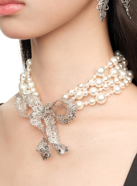 YVMIN尤目 x SHUSHUTONG 蕾丝蝴蝶结多层珍珠锁骨链项链生日礼物