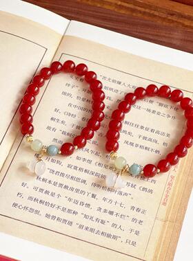 天然红玛瑙手串玉髓葫芦吊坠马年吉祥中国风红色串珠手链饰品女款