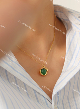 J.W. ins风 新中式风 不规则圆形项链绿玉髓吊坠原创设计复古钛钢