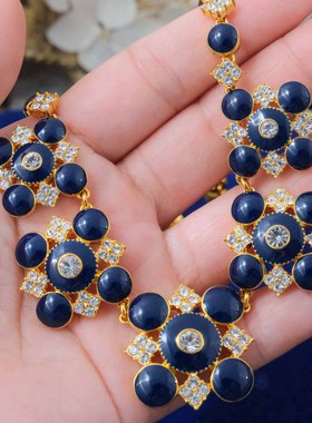 Vintage中古首饰JBK杰奎琳蓝色珐琅彩水晶花花密镶水晶中古项链