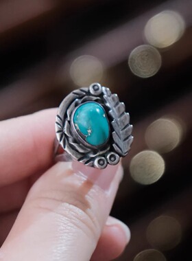 Vintage西洋中古首饰纳瓦霍绿松石手工纯银跳蚤市场孤品戒指G3