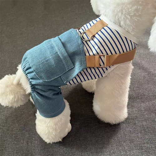 牛仔背带四脚裤可挂牵引绳宠物春夏季泰迪比熊小型犬狗狗四脚衣服 - 图3