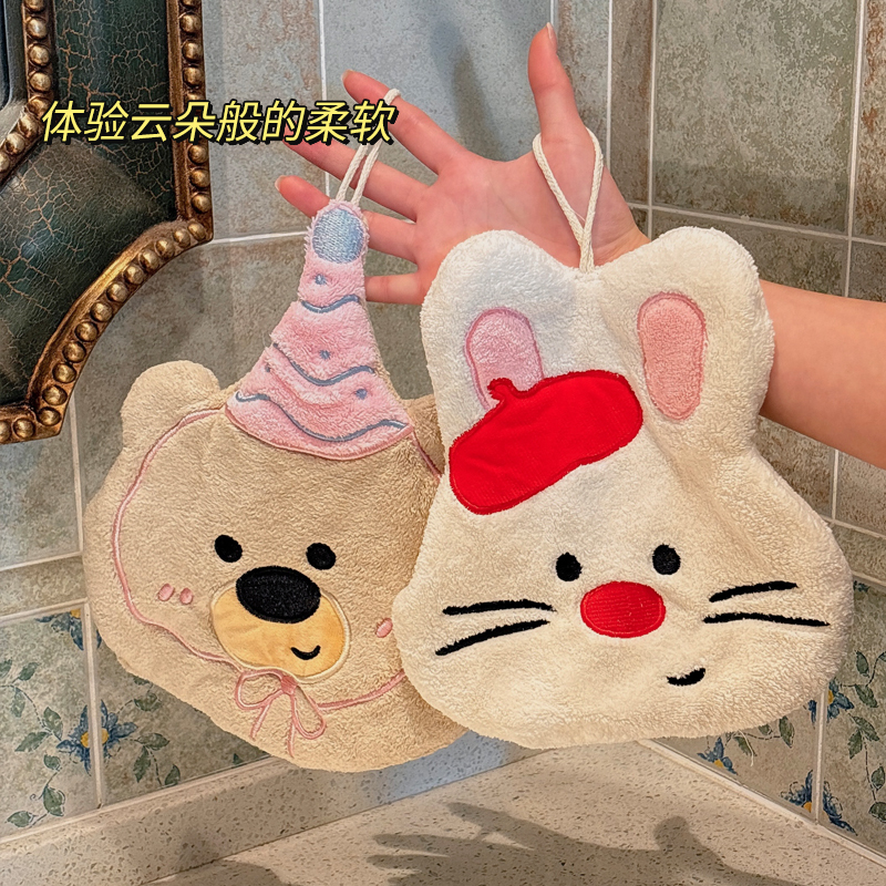 可爱擦手巾厨房挂式加厚毛巾吸水不掉毛抹布儿童卫生间卡通擦手帕 - 图1