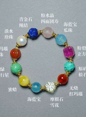 粉碧玺银镀金多宝手串原矿绿松石