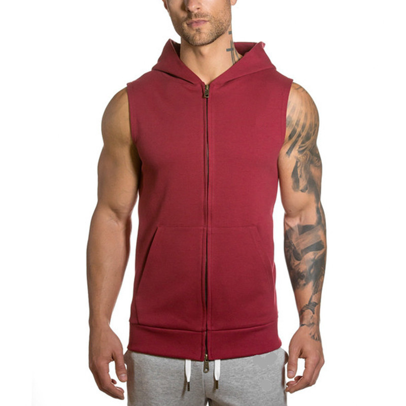 Gyms Hooded Double Zipper Tank Tops Men Bodybuilding Cotton - 图3