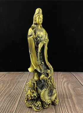 踏龙观音铜摆件纯铜净瓶柳枝观世音菩萨佛像客厅家用中式招财装饰