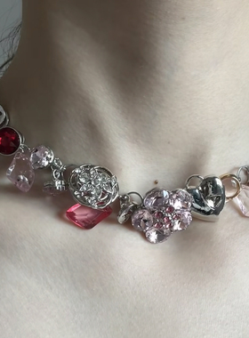 y2k甜辣酷妹粉色水晶花朵爱心choker小众设计钛钢锁骨链桃色冒险