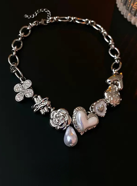 y2k辣妹项链滴油珍珠爱心花朵草莓项链气质冷淡风choker锁骨链