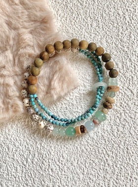 原创新中式清冷感绿檀木寿山石手链女双圈手串细款气质手链