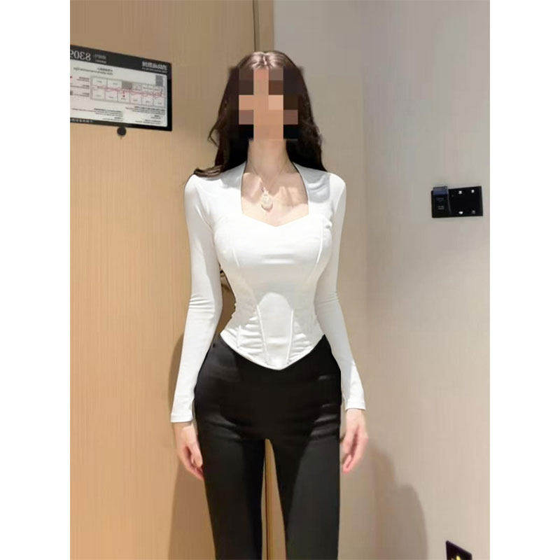 正肩方领纯棉长袖T恤女春秋内搭短款打底衫辣妹修身显瘦纯欲上衣,淘宝优惠券,粉丝福利购,淘宝优惠卷