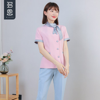 Dorn Nurse Uniform ເສອແຂນສັ້ນຂອງຜູ້ຍິງ slim-fitting high-end salon beauty pink dress beautician work clothes ສູນສຸຂະພາບແມ່ຍິງ
