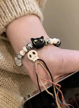 骷髅猫咪编织绳手链男女款小众设计感甜酷中国风流苏彩色手串