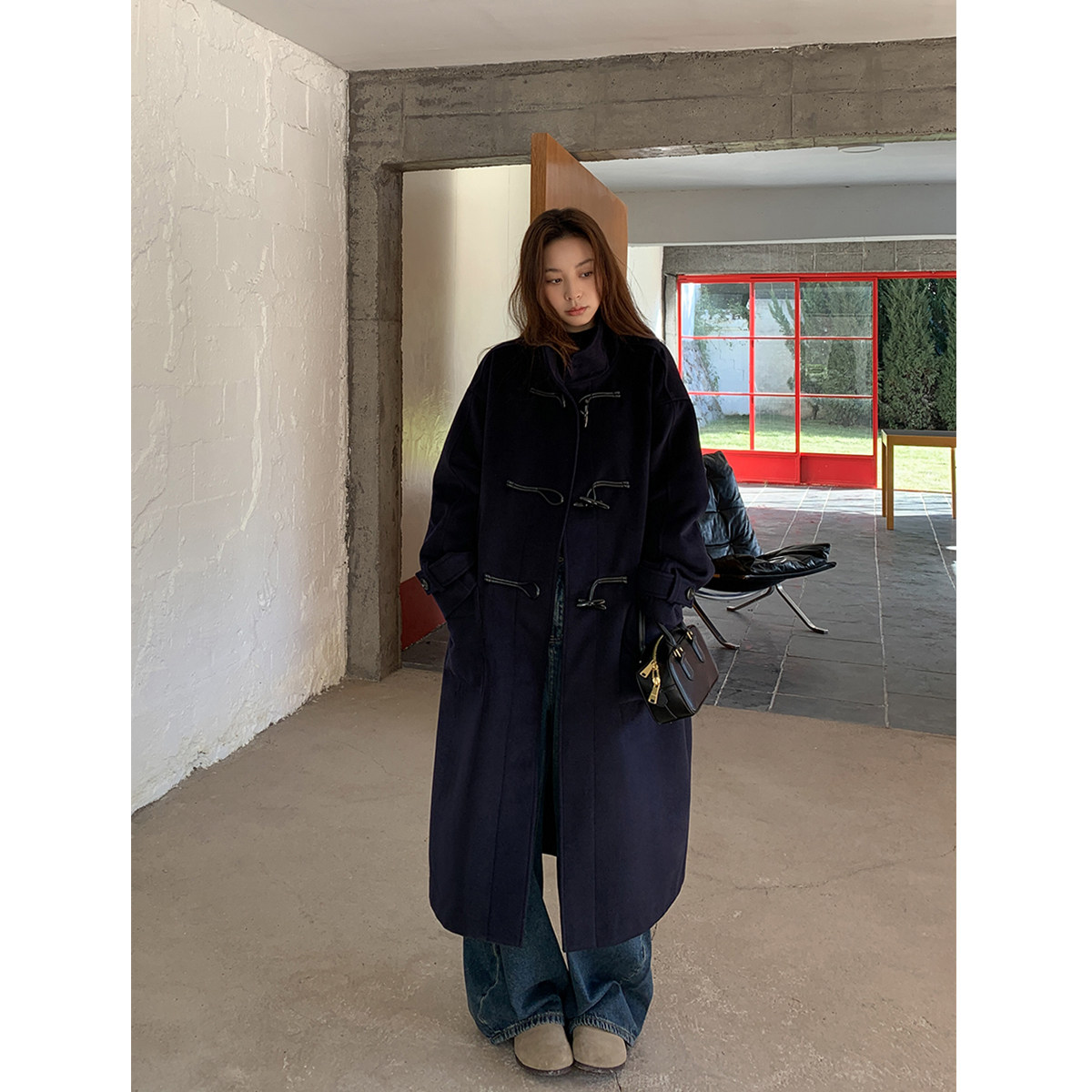 SIXI四喜家 圣马丁学院 重磅立领牛角扣大衣女秋冬宽松廓形长风衣,淘宝优惠券,粉丝福利购,淘宝优惠卷