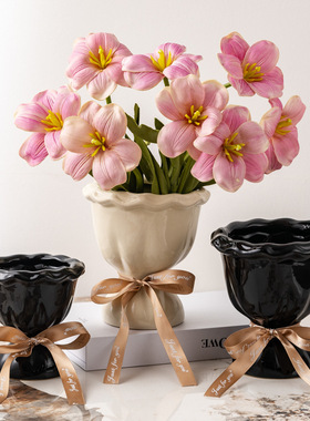 法式奶油风陶瓷花瓶手捧花束丝带插花室内水培侘寂风客厅玄关摆件