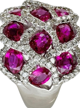 日本中古奢侈品珠宝直邮18k白金镶嵌奢华满镶嵌红宝石钻石戒指