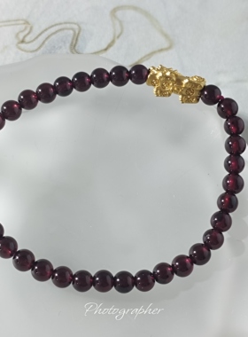 日本中古珠宝足金5mm石榴石貔貅弹力手链14-16cm包邮