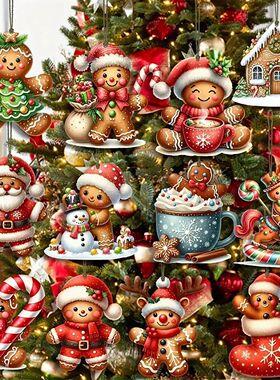 12Pcs Christmas Wooden Pendants Gingerbread Man Santa Claus