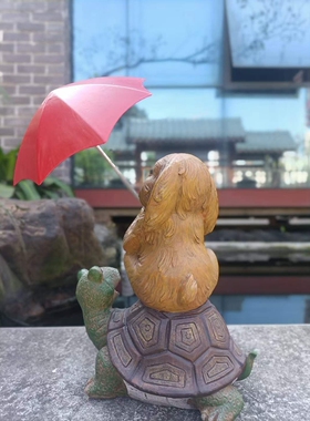 包邮美式树脂兔子骑乌龟打伞摆件