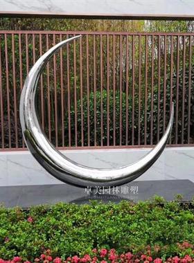 不锈钢月亮圆环雕塑定制大型镜面发光月牙园林水景创意装饰摆件