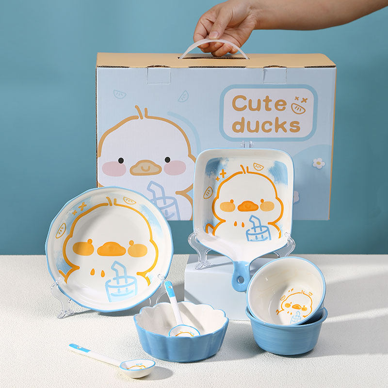 轻松鸭可爱卡通陶瓷碗盘二人食餐具套装网红吃饭碗家用高颜值组合