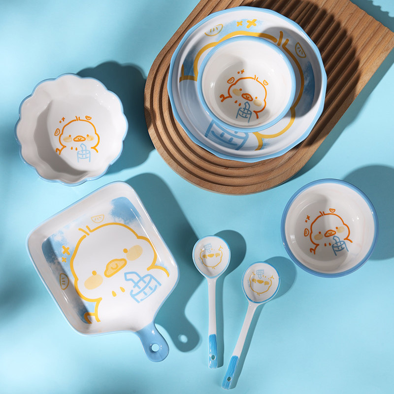 轻松鸭可爱卡通陶瓷碗盘二人食餐具套装网红吃饭碗家用高颜值组合