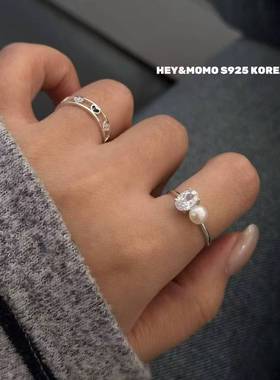 12.15直播韩国momo银饰亮钻珍珠戒指贵气925银