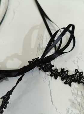 黑色蕾丝系带长款锁骨颈链酒红色编织玫瑰花朵绑带蝴蝶结脖子项圈