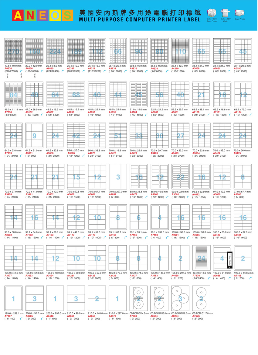 ANEOS美国安內斯0180 A4-100张不干胶打印标签纸38.1x29.6mm - 图3