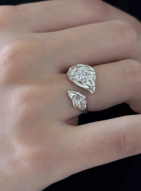 惜兰梦原创设计银饰叶子纹理开口戒指男女可调节素圈指环