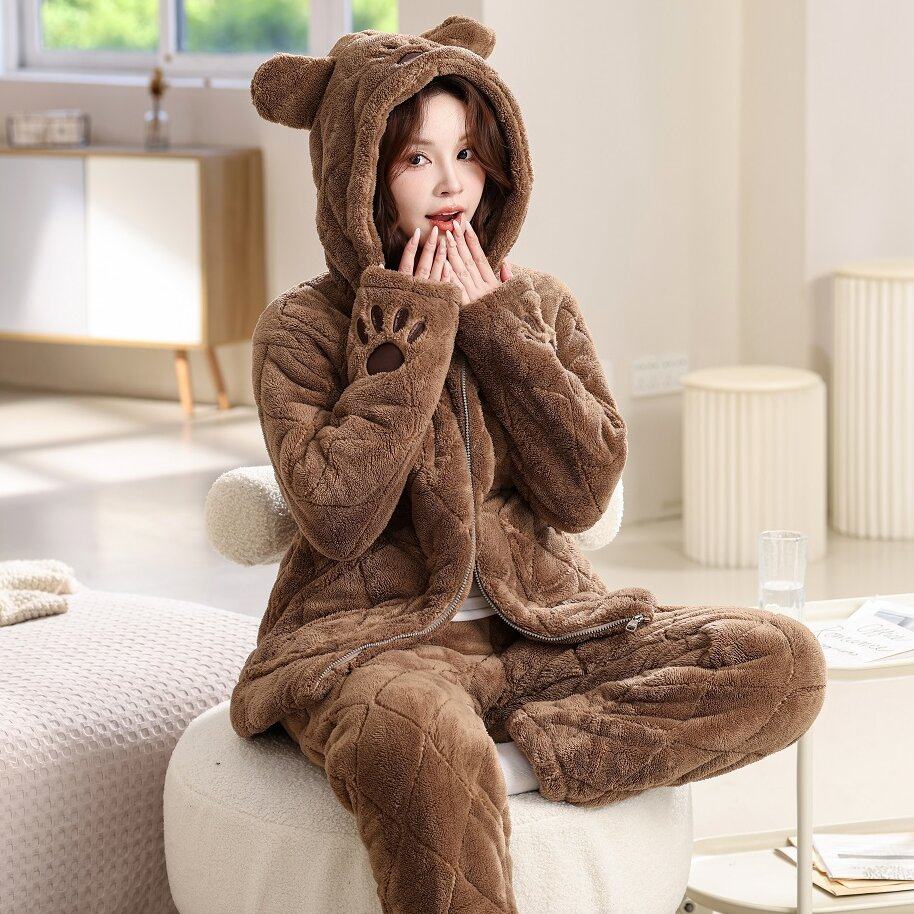 冬季三层加厚珊瑚绒夹棉睡衣女士保暖加棉冬天家居服女棉袄套装,淘宝优惠券,粉丝福利购,淘宝优惠卷