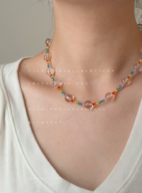 多巴胺彩虹豆子玻璃串珠项链女夏季清新百搭时尚潮流颈链锁骨链