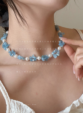 浅蓝色天然石珍珠串珠珍珠项链女清新小众简约优雅百搭颈链锁骨链