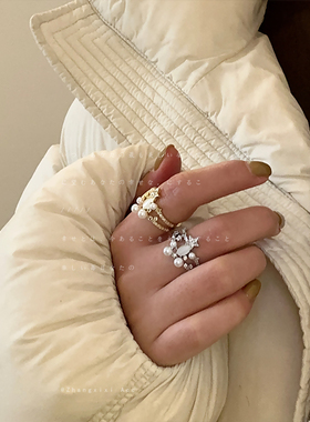 小众设计感星星珍珠猫眼石双层开口戒指女轻奢个性百搭指环戒子