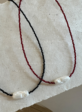 红色水晶串珠珍珠项链女小众复古辣妹气质优雅潮流百搭颈链锁骨链