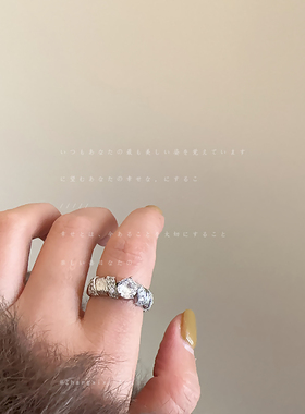 设计感拉丝牛角包锆石开口戒指女中古重工质感时尚百搭指环戒子