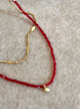 轻奢红色水晶串珠项链女小众复古高级感精致百搭可叠戴颈链锁骨链