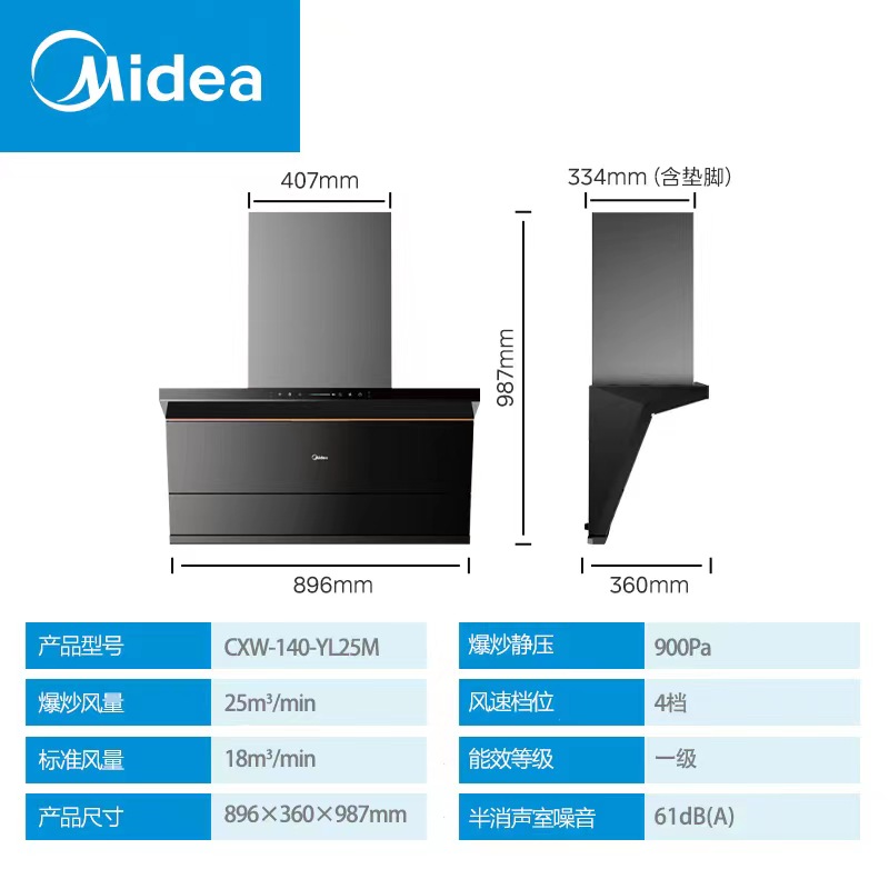 美的YL25M/X2S/DC9家用抽油烟机顶侧双吸大吸力蒸汽洗-图1