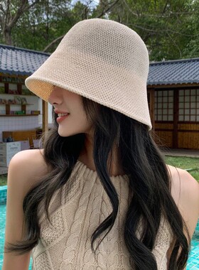 2026新款手工编织草帽时尚遮阳防晒帽子女韩版水桶渔夫帽镂空透气