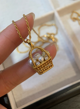 新款银聚财篮子项链立体编织提篮珍珠嵌钻吊坠精工百搭颈链