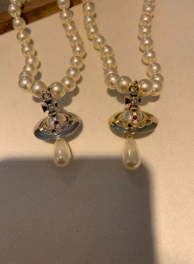 新款水滴珍珠吊坠立体土星飞碟珍珠项链choker复古女锁骨链