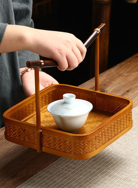 竹制品手工竹编大漆提篮水果篮复古茶具收纳筐新中式手提篮便携篮
