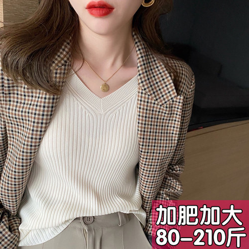 v领针织衫女大码2026年新款毛衣春秋薄款长袖打底衫内搭早秋上衣 - 图0